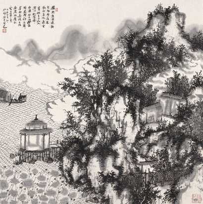 何加林 乙酉（2005年）作 楼阁隐烟 镜心
